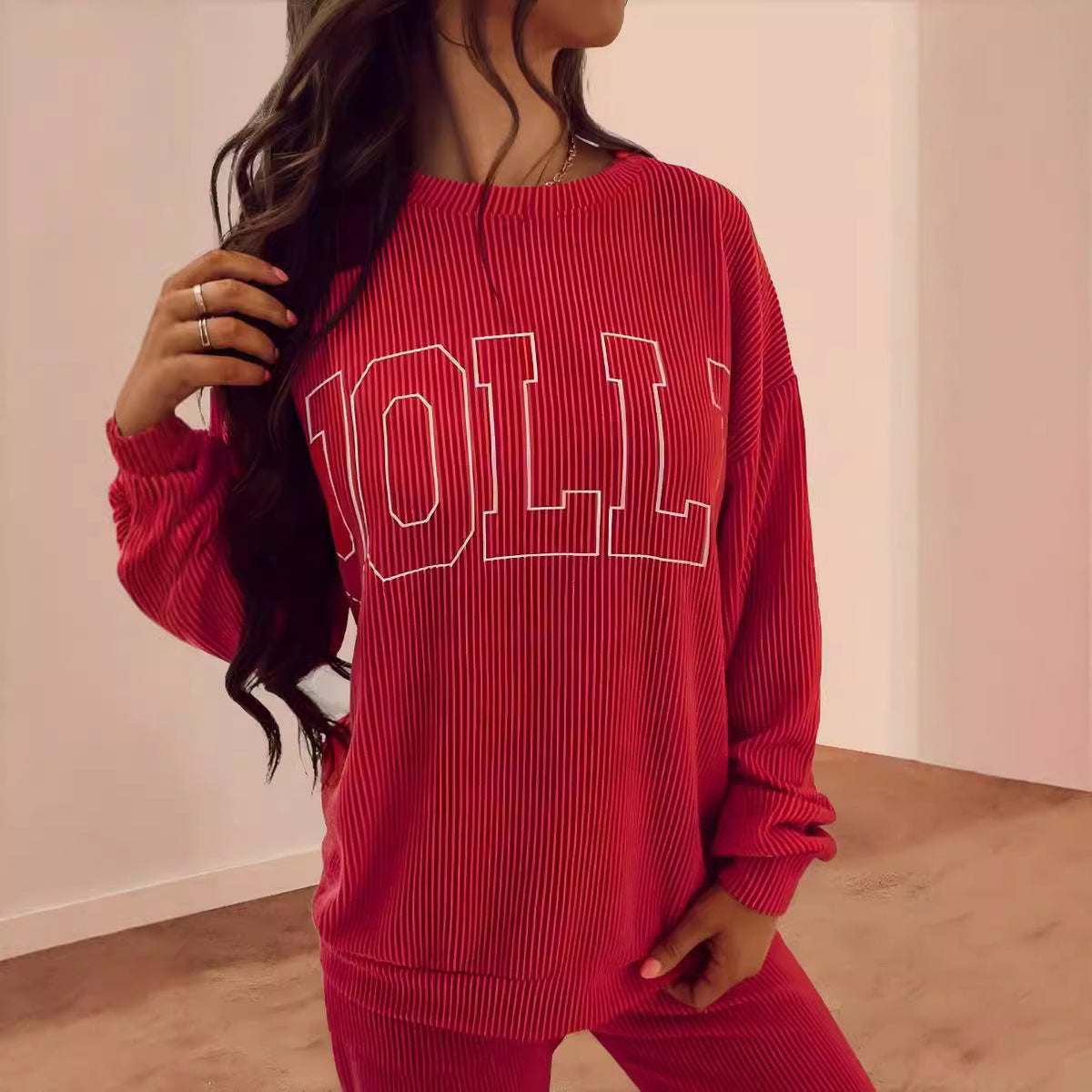 Women's Casual Ribbed Sweat Set with Lettering