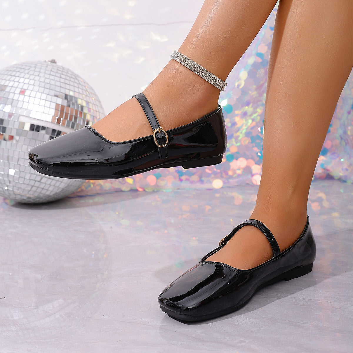Women's Ballet Flats with Elegant Strap and Shiny Upper