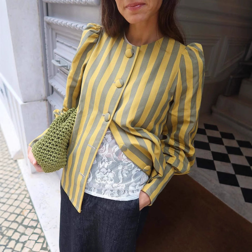 Women's Long Sleeve Striped Blouse with Puff Sleeves