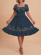 Women's A-Line Dress with Floral Motifs and Adjustable Belt