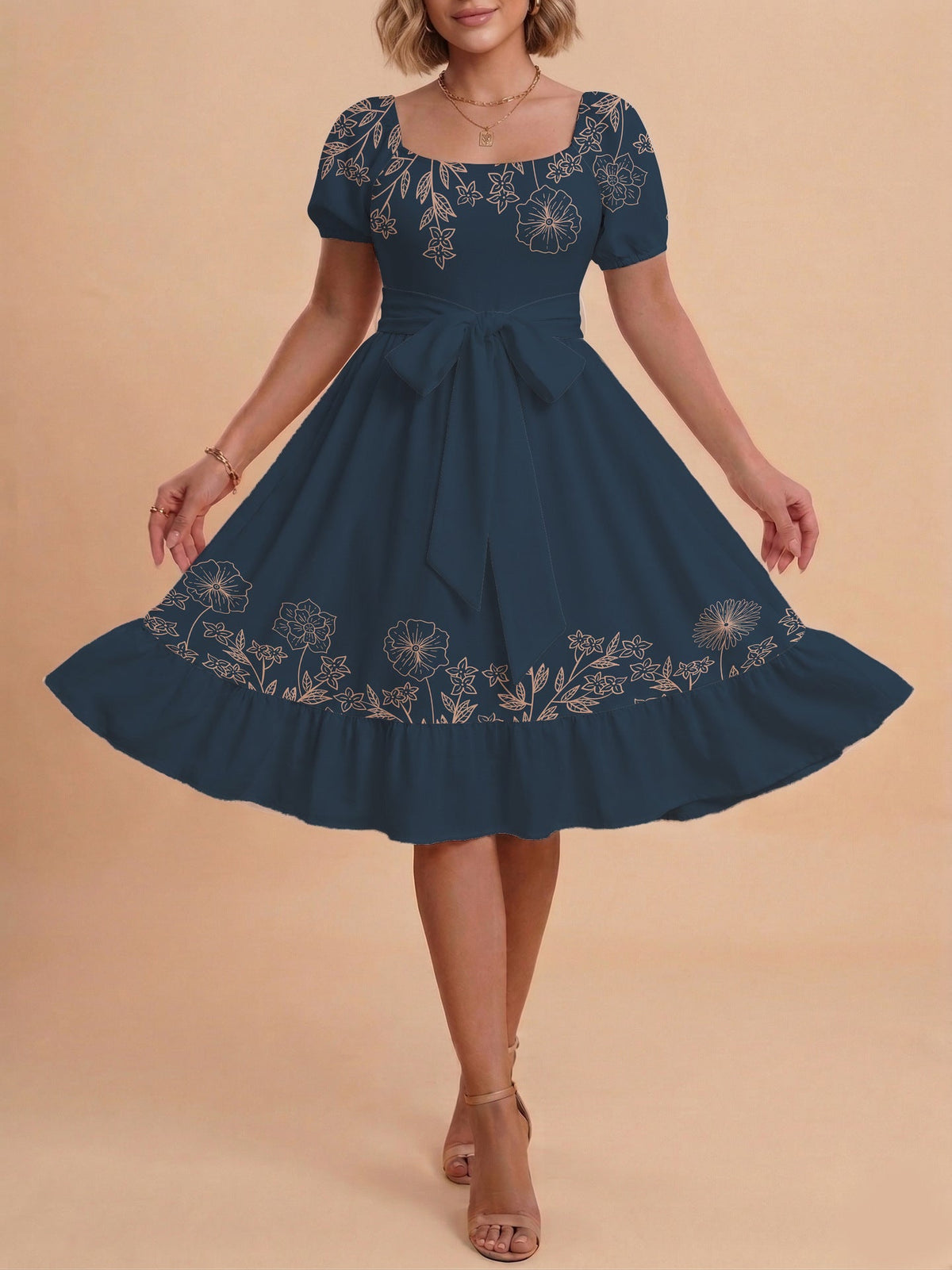 Women's A-Line Dress with Floral Motifs and Adjustable Belt