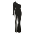 Women's Form-Fitting Jumpsuit with Asymmetric Neckline and Mesh Inserts