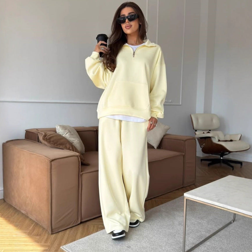 Women's Half-Zip Lounge Set with Hoodie and Wide-Leg Pants
