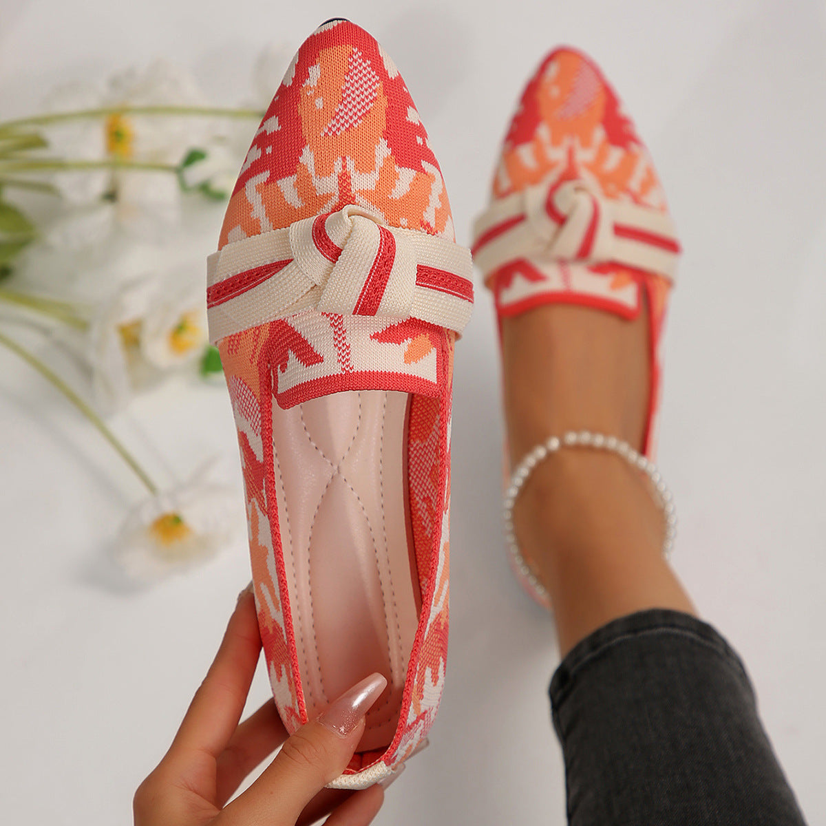 Women's Ballet Flats with Floral Pattern and Knot Detail