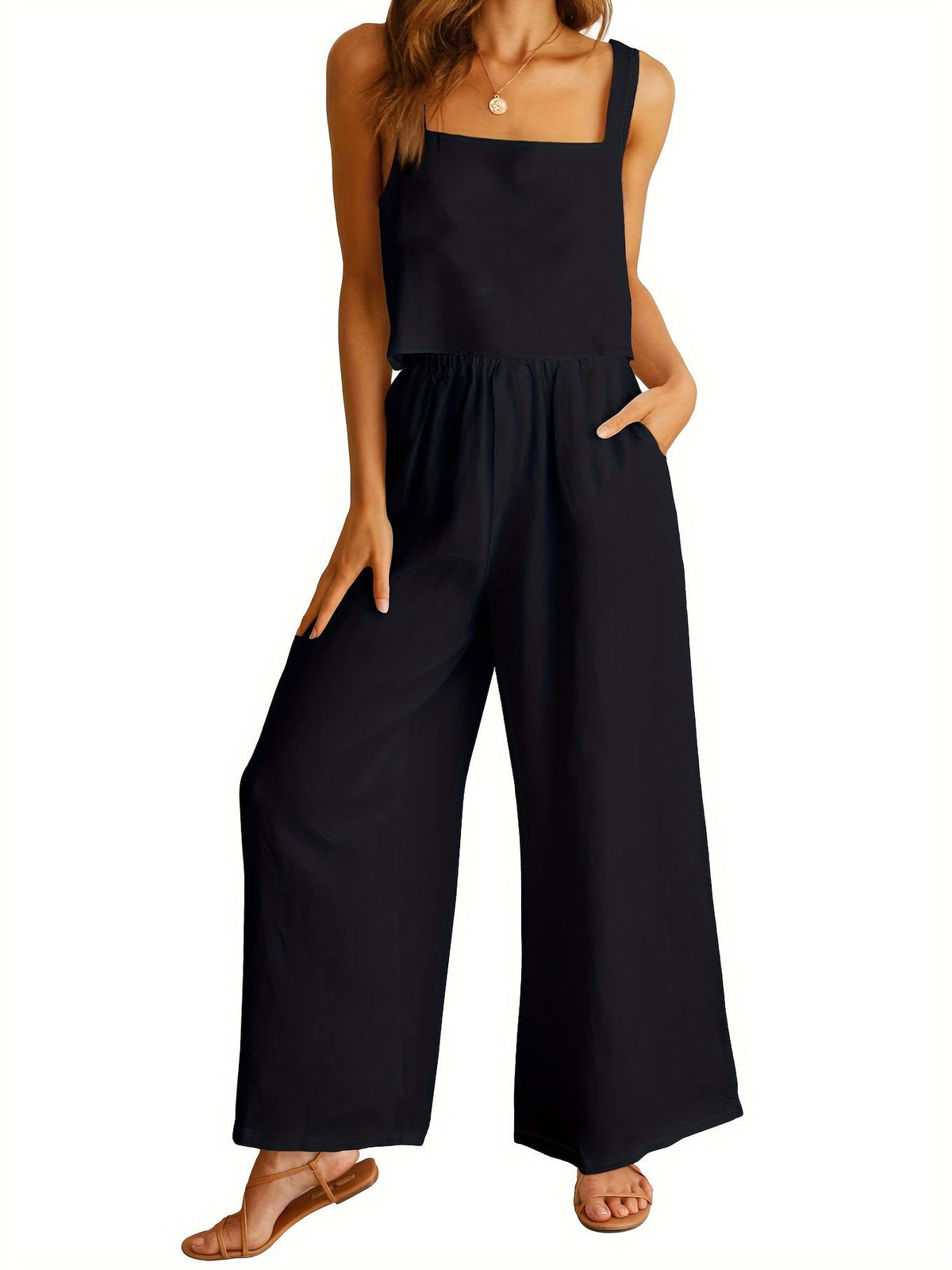 Women's Casual Wide-Leg Jumpsuit with Pockets