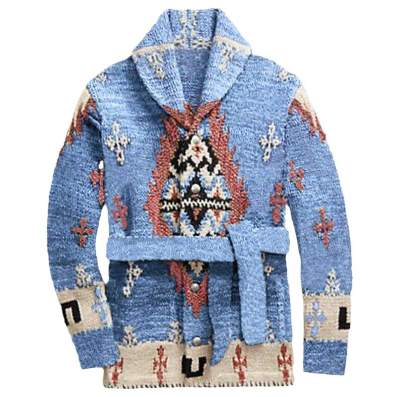Women's Cozy Knit Coat with Decorative Pattern and Belt