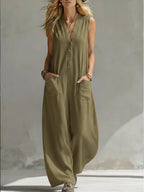 Women's Jumpsuit with Deep V-Neck and Pockets