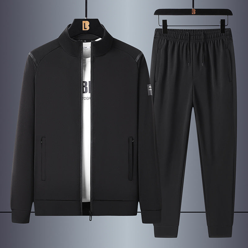 Men's casual sports training set with stand-up collar zip jacket and elastic drawstring jogging pants