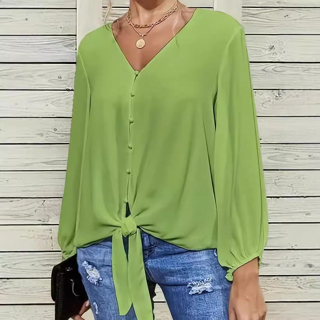 Elegant Women's Blouse with Knot Detail and V-Neck