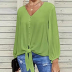 Elegant Women's Blouse with Knot Detail and V-Neck