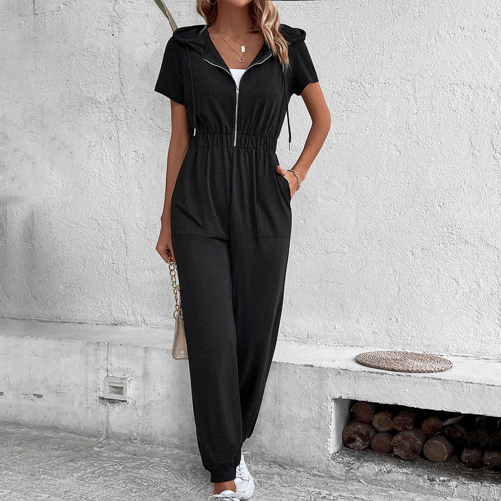 Women's Hooded Jumpsuit with Practical Zipper and Elastic Waist