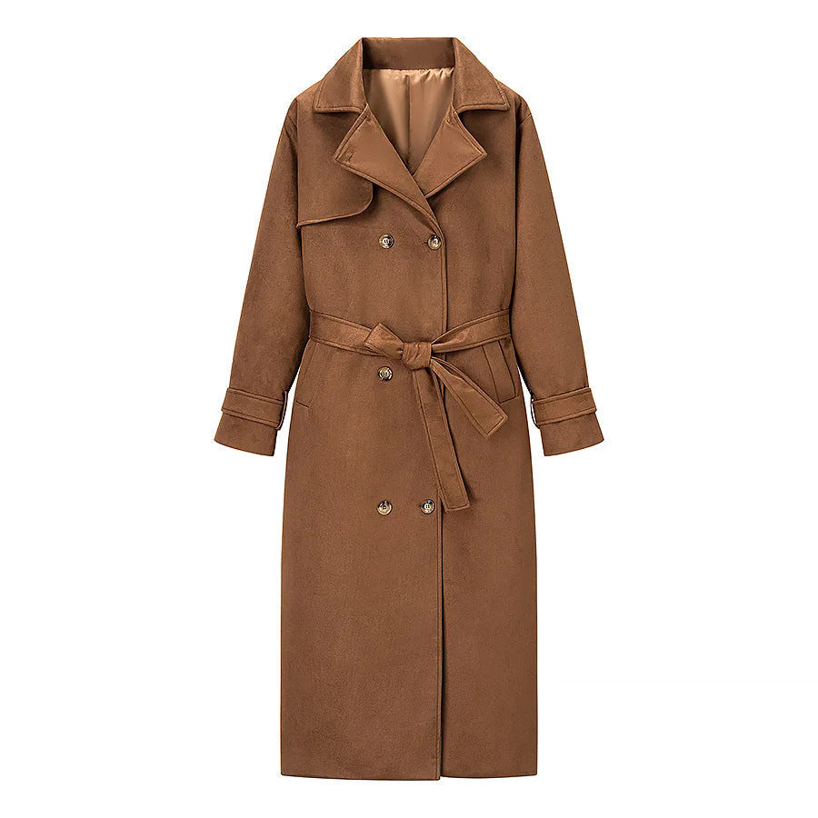 Women's Elegant Trench Coat with Double-Breasted Button Placket and Belt