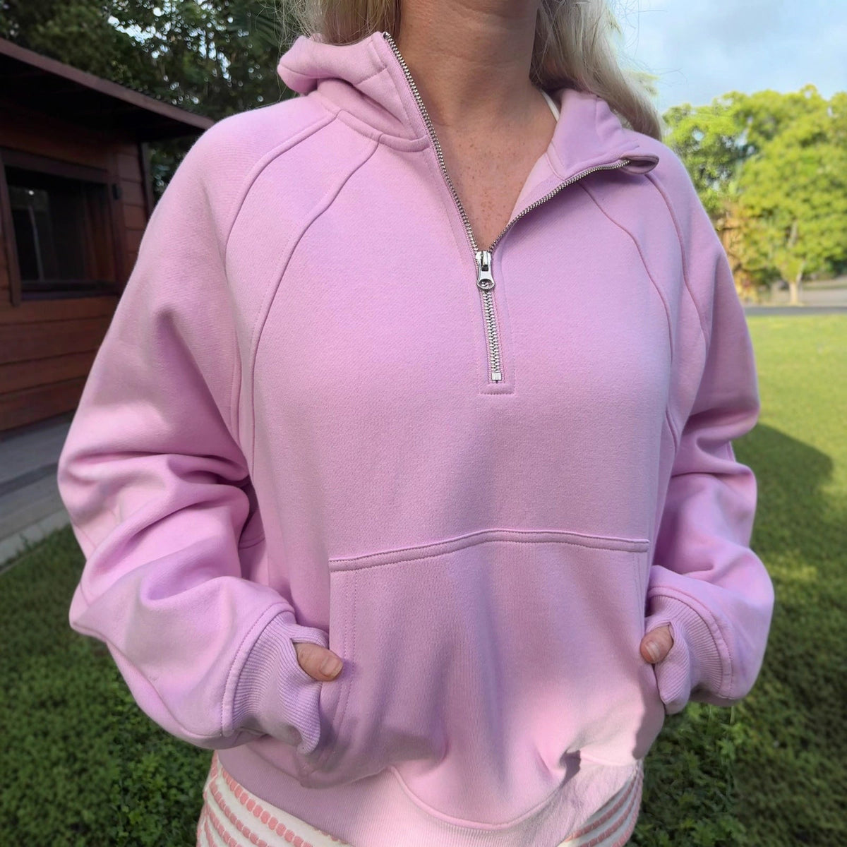 Women's Comfortable Hoodie with Short Zipper and Kangaroo Pocket