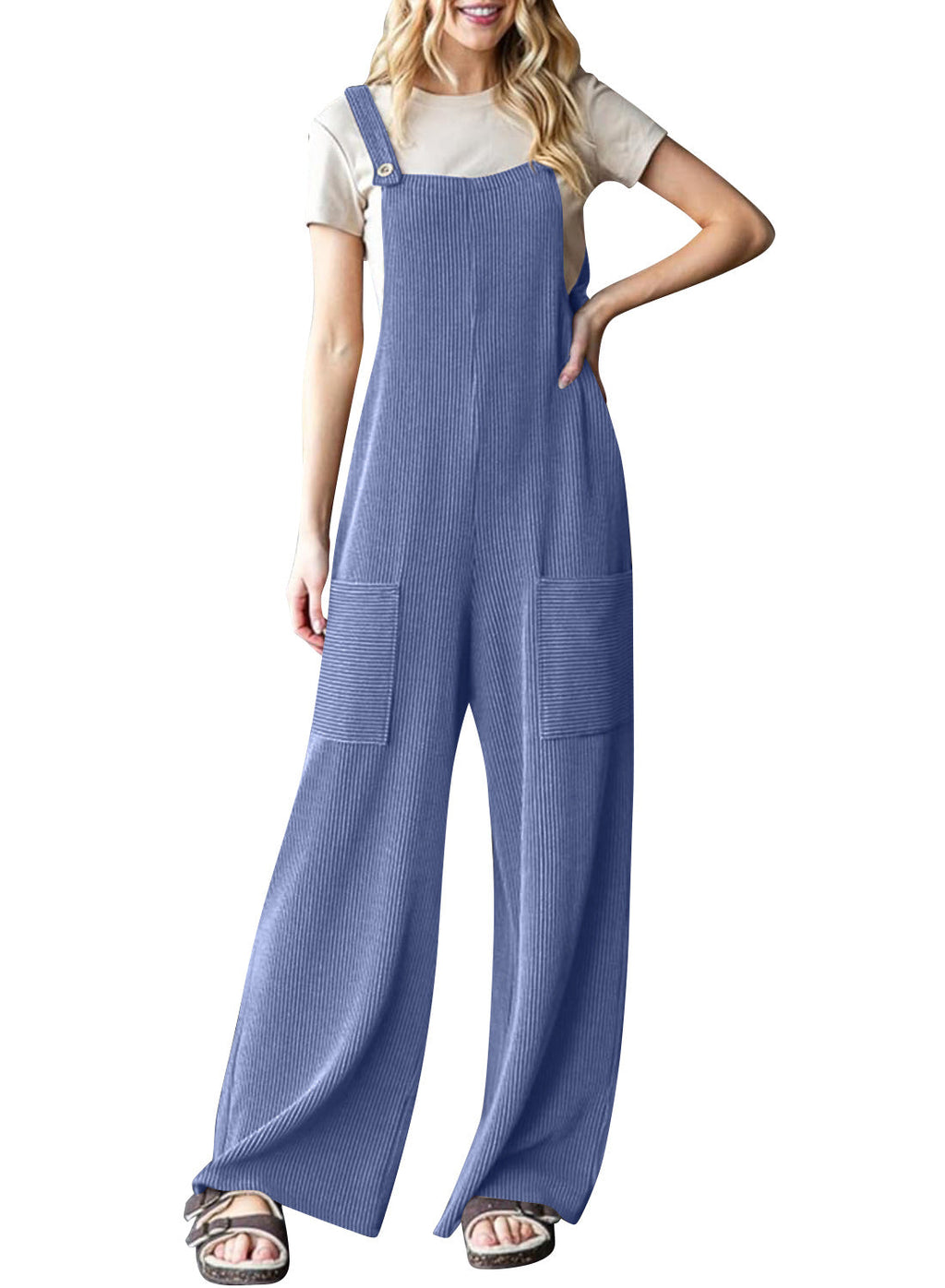 Women's Casual Corduroy Overalls with Pockets and Wide Legs