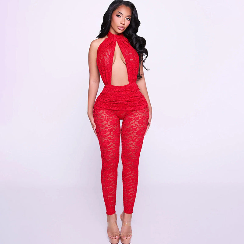 Elegant Lace Jumpsuit with Deep V-Neck and Tailored Design