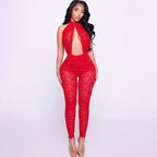 Elegant Lace Jumpsuit with Deep V-Neck and Tailored Design