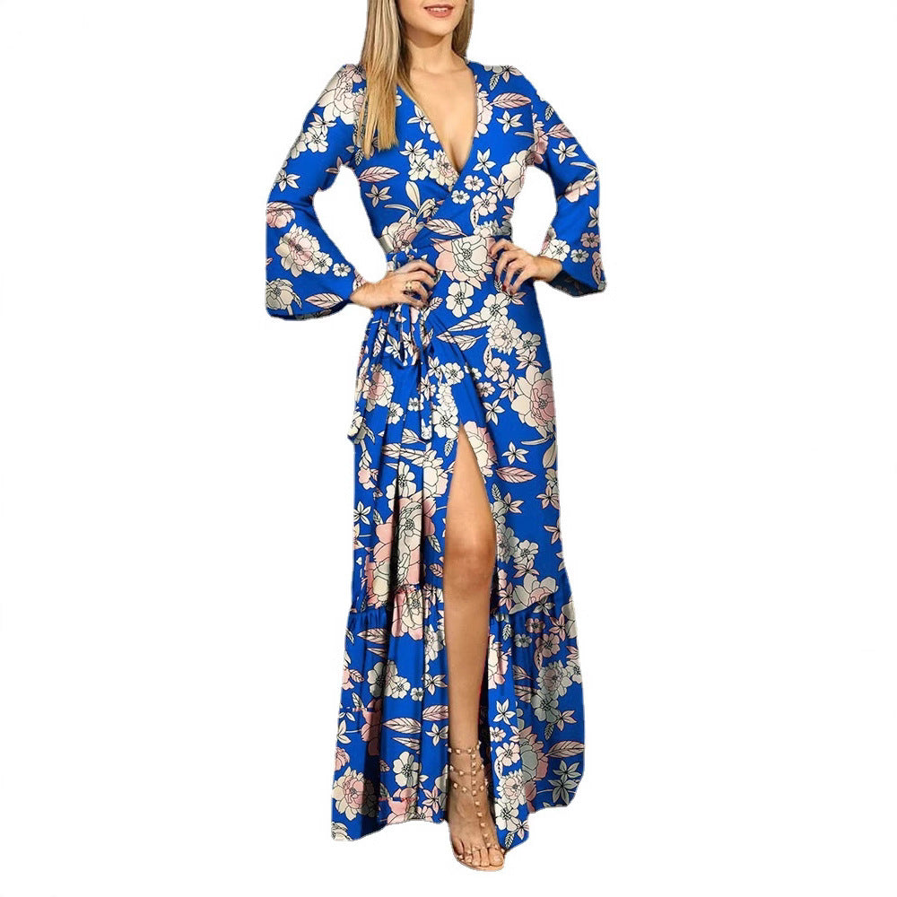 Women's Floral Wrap Maxi Dress with Long Sleeves and Side Slit