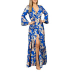 Women's Floral Wrap Maxi Dress with Long Sleeves and Side Slit