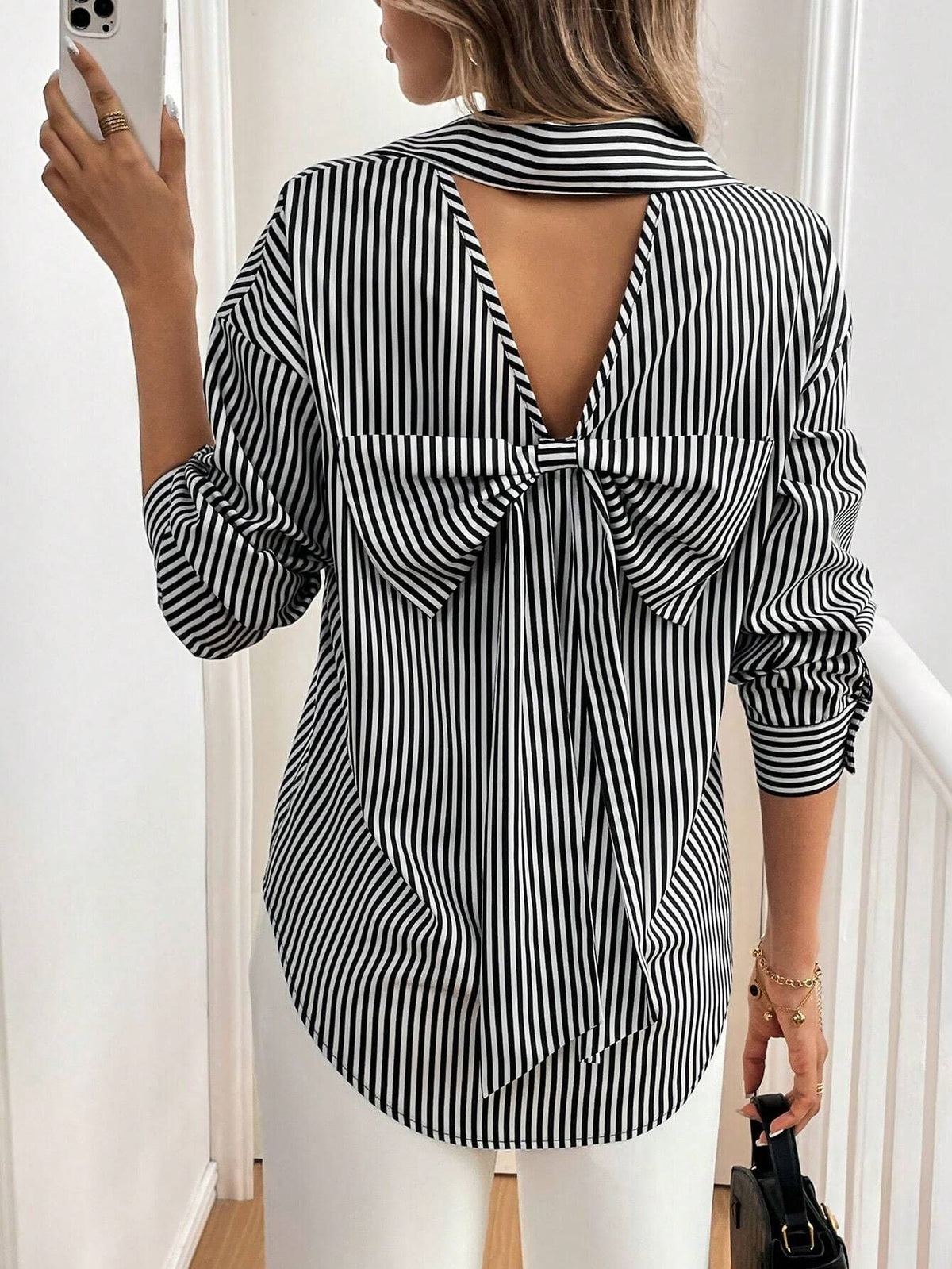 Women's Long Sleeve Striped Blouse with Back Detail