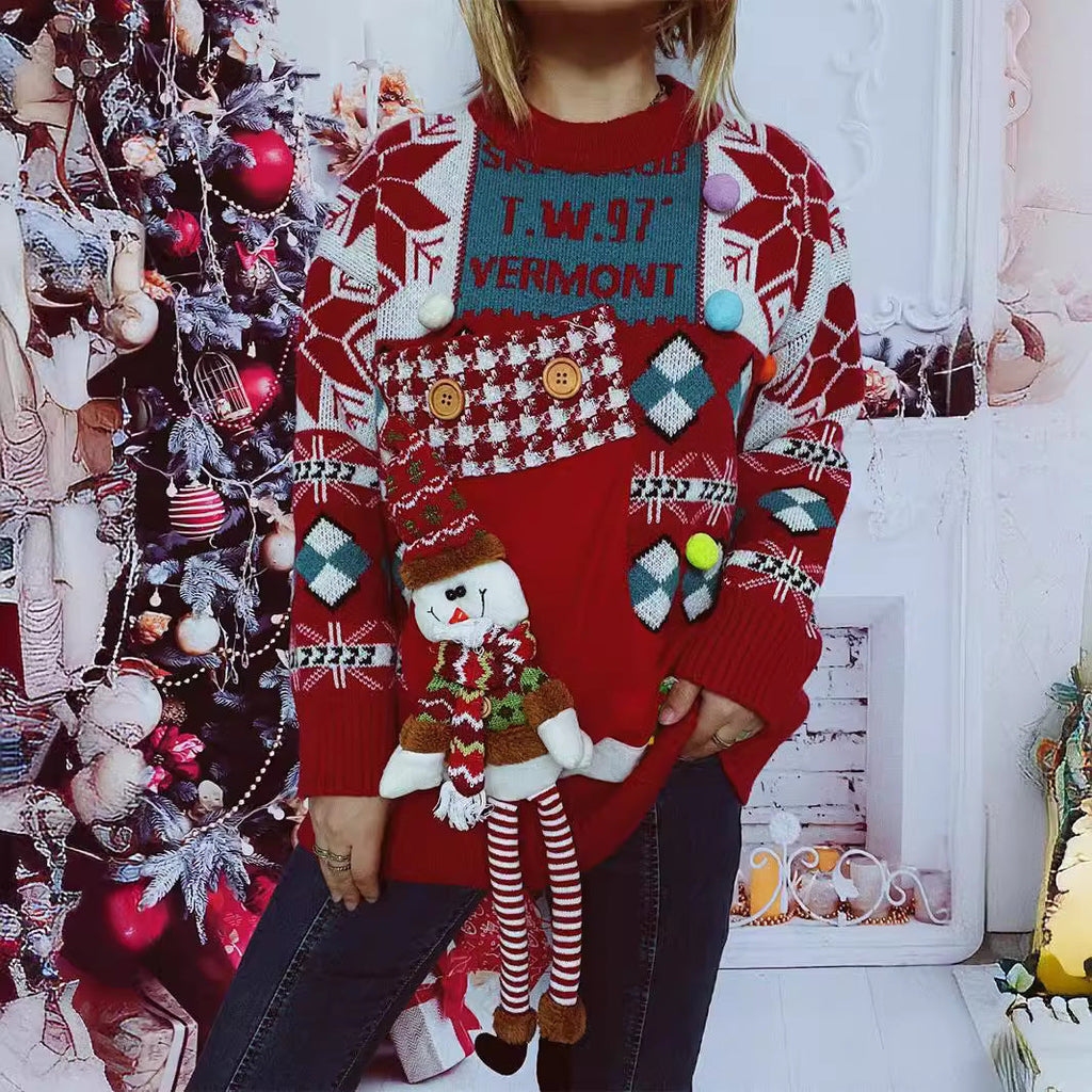 Women's Festive Sweater with Winter Snowman Motif and Decorative Details