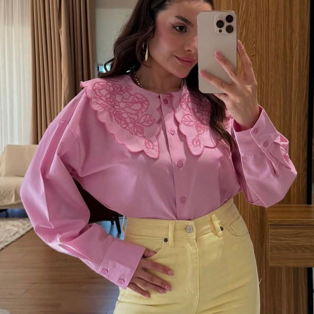 Women's Elegant Floral Embroidered Button-Down Blouse