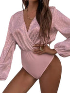 Women's Bodysuit with Elegant Wrap Neckline and Voluminous Sleeves