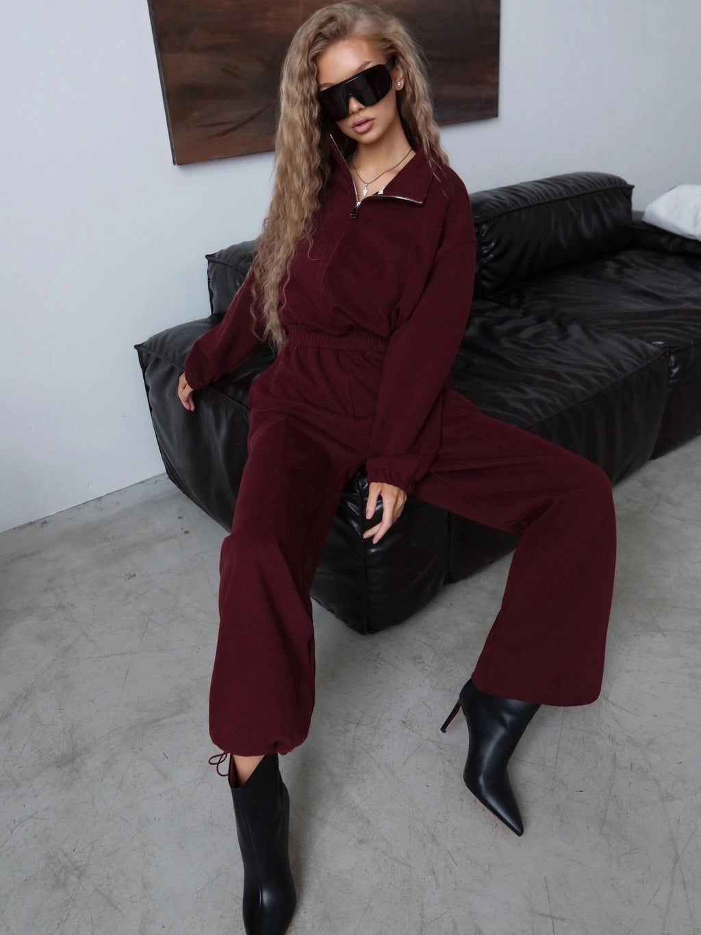 Women's Fleece Jumpsuit with High Collar and Side Zipper