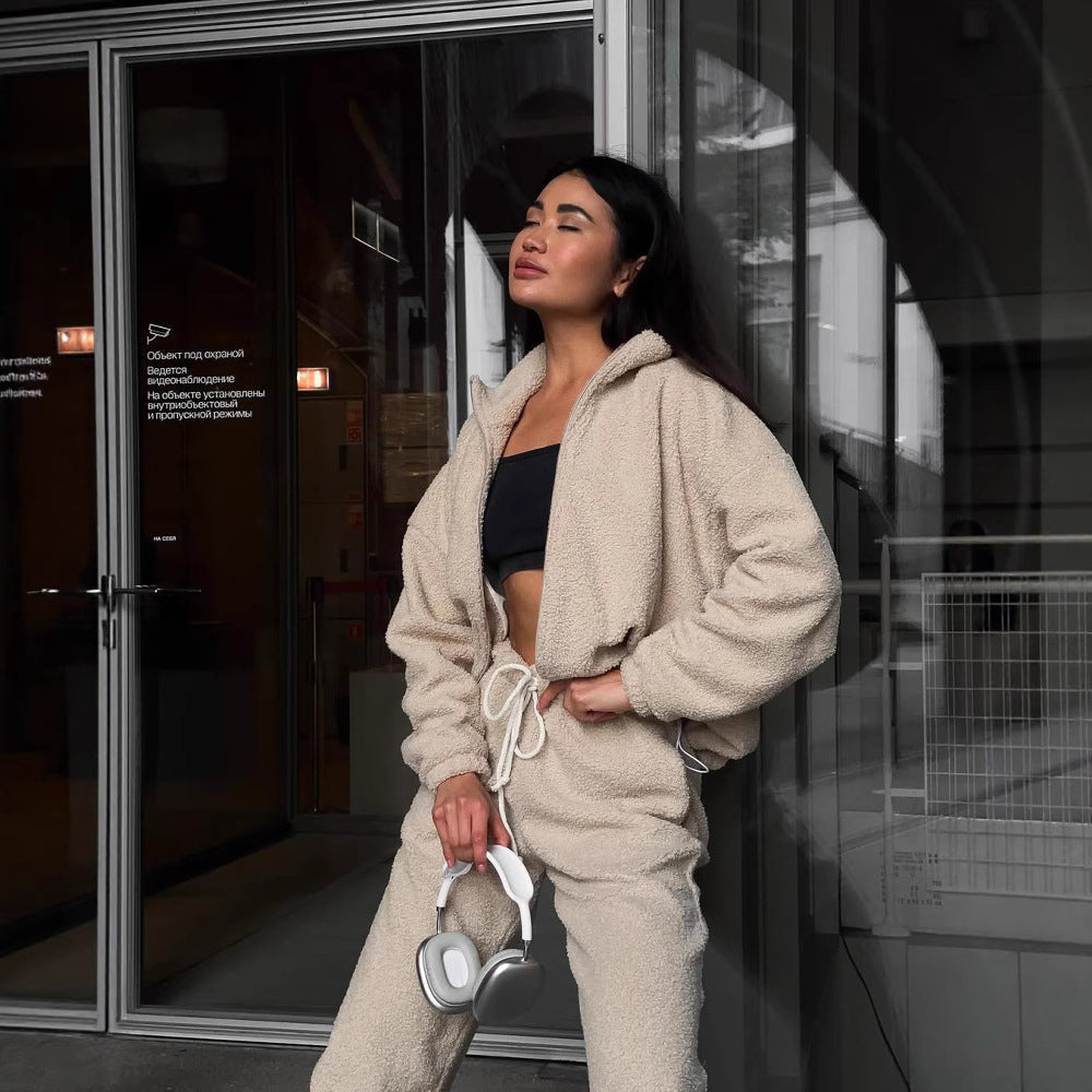 Women's Cozy Fleece Jogging Suit Set with Hood and Elastic Waistband