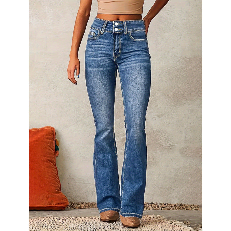 Women's High-Waisted Bootcut Jeans with Fashionable Buttons