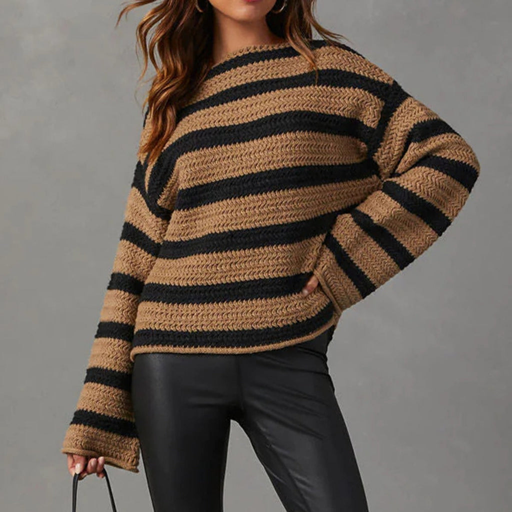 Women's Striped Chunky Knit Sweater with Casual Fit and Wide Sleeves