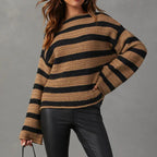 Women's Striped Chunky Knit Sweater with Casual Fit and Wide Sleeves