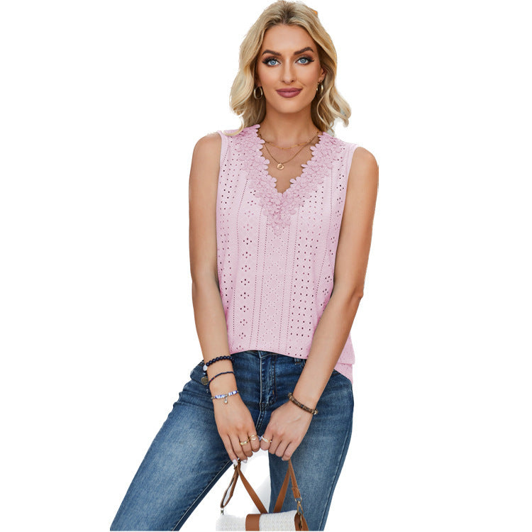 Women's Sleeveless Top with Decorative Eyelet Patterns and Lace Trim
