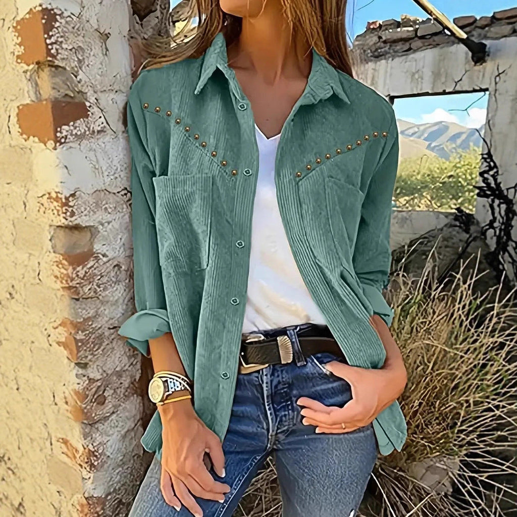 Women's Corduroy Blouse with Elegant Snap Buttons and Practical Pockets