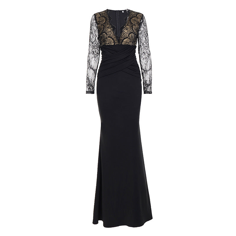 Elegant Evening Dress with Lace Inserts and Wrap Design