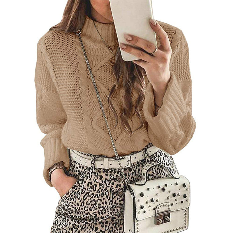 Women's Chunky Knit Sweater with Textured Stitching and High Collar