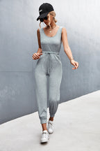 Women's Casual Jumpsuit with Adjustable Waist Drawstring and Slim Cuffs