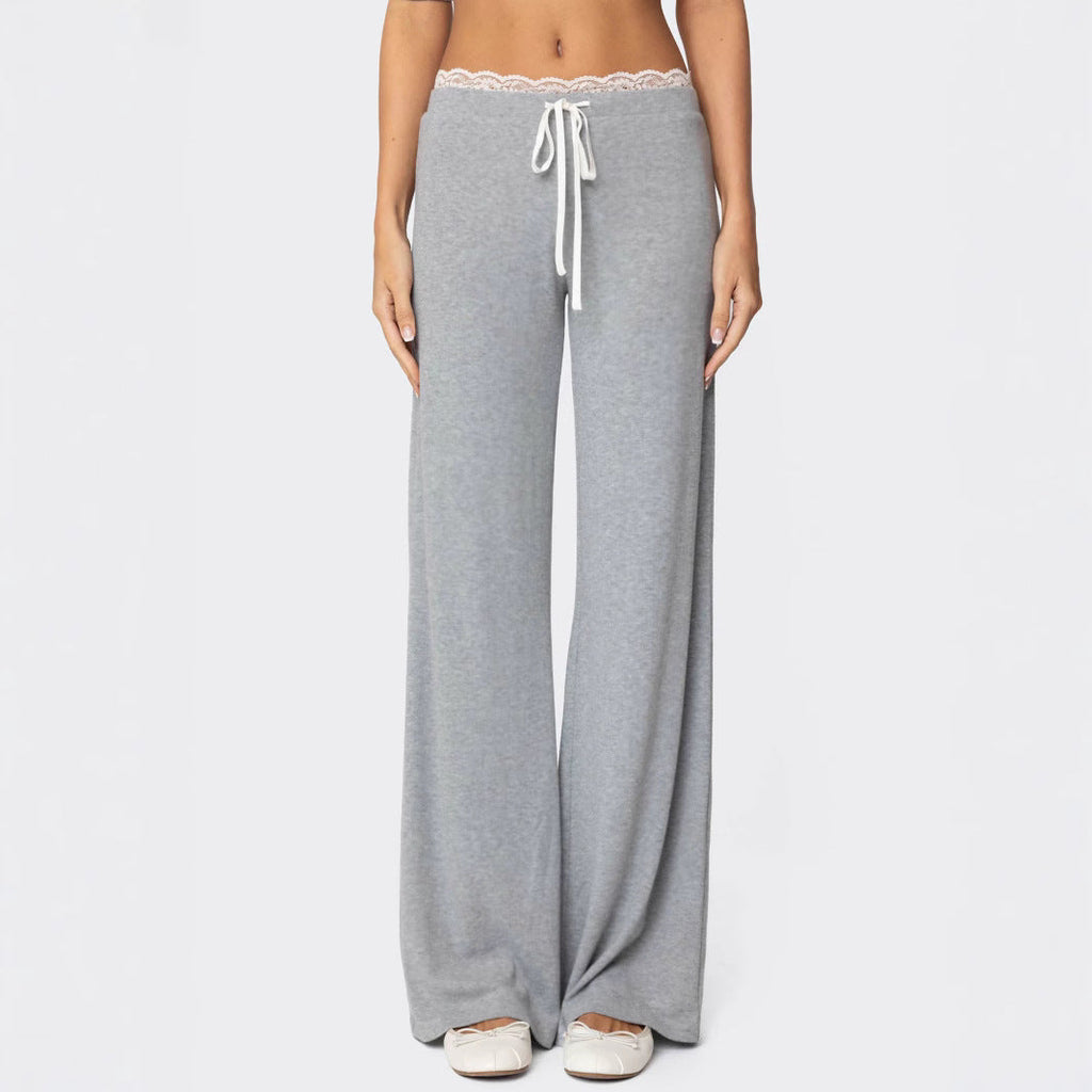 Women's Light Gray Casual Pants with Elastic Waistband and Lace Trim