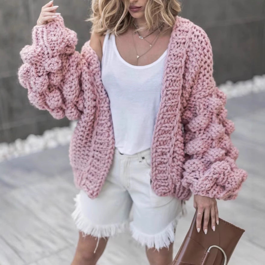 Women's Chunky Knit Oversized Cardigan with Voluminous Sleeves