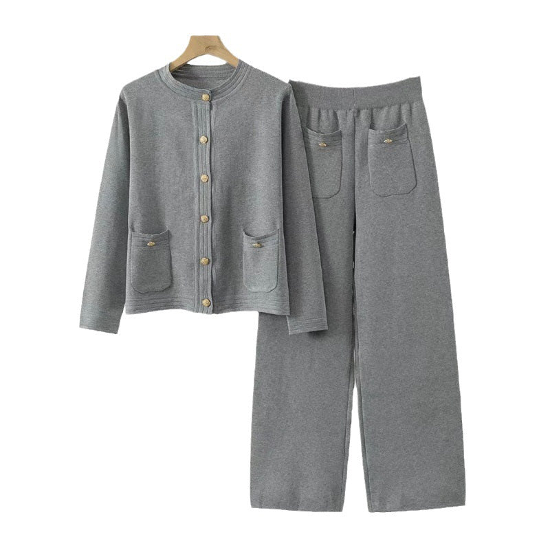 Women's Cozy Knit Loungewear Set with Button Detail and Patch Pockets