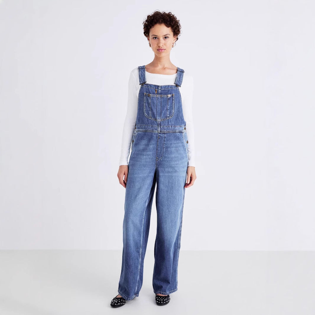 Women's Wide-Leg Denim Overalls with Adjustable Straps