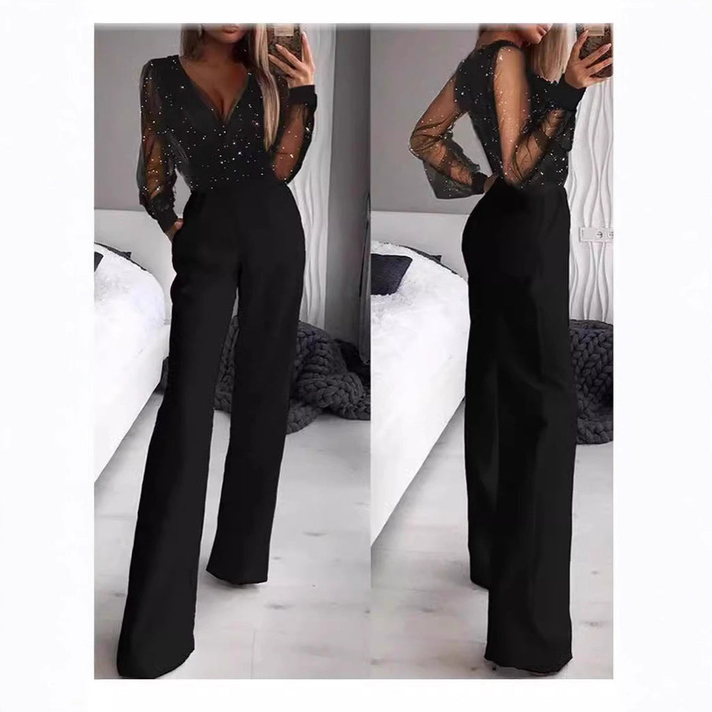 Women's Elegant Jumpsuit with Sheer Blouse and Shimmering Accents