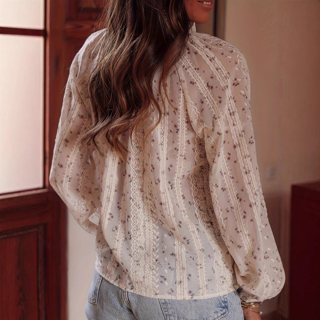Women's Blouse with Fine Lace Details and Floral Patterns