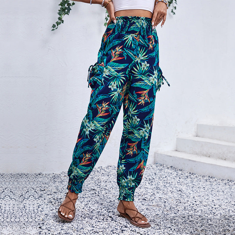 Women's Comfortable Cargo Pants with Tropical Pattern and Elastic Waistband