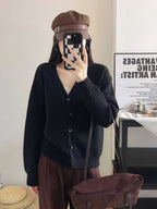 Women's Chunky Knit Cardigan with Deep V-Neck and Large Button Details