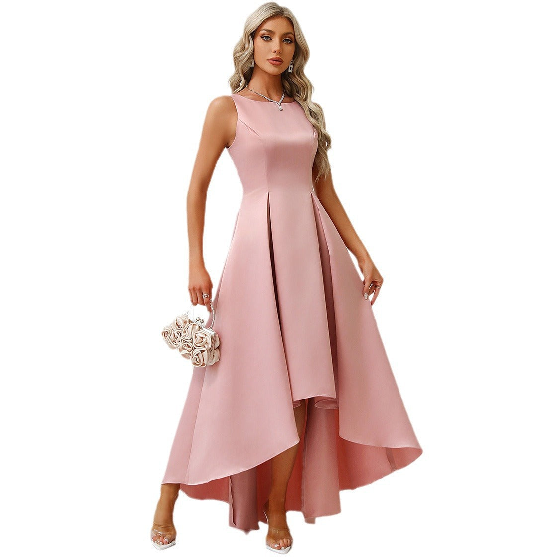 Women's Asymmetric Satin Evening Dress with Draping