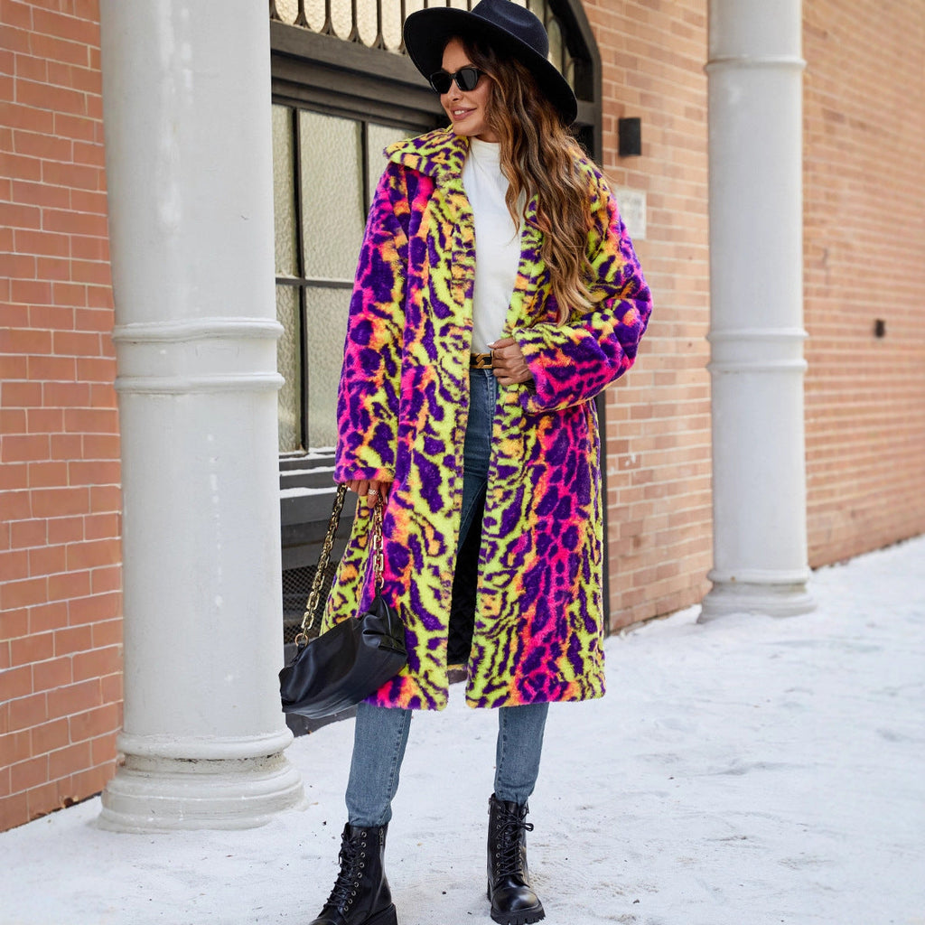 Women's Fluffy Faux Fur Coat in Bold Animal Print Mix