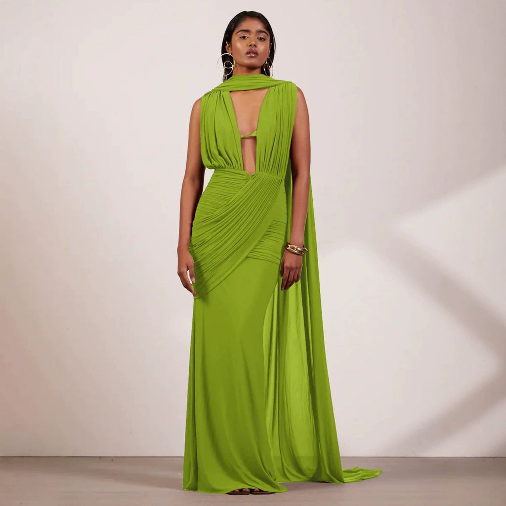 Floor-Length Wrap Dress with Draping