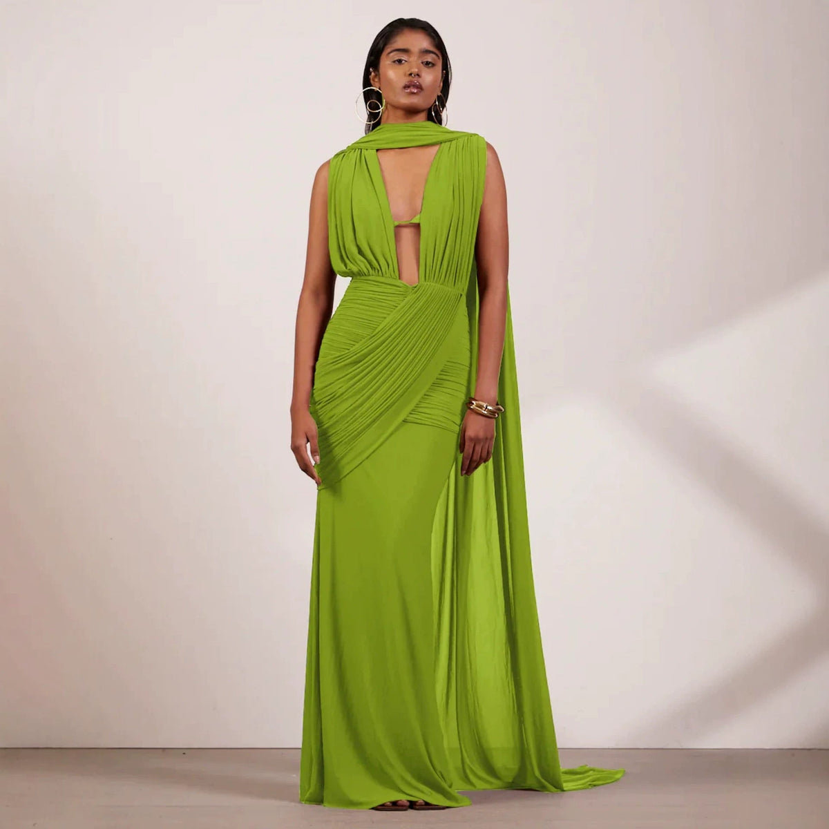 Floor-Length Wrap Dress with Draping
