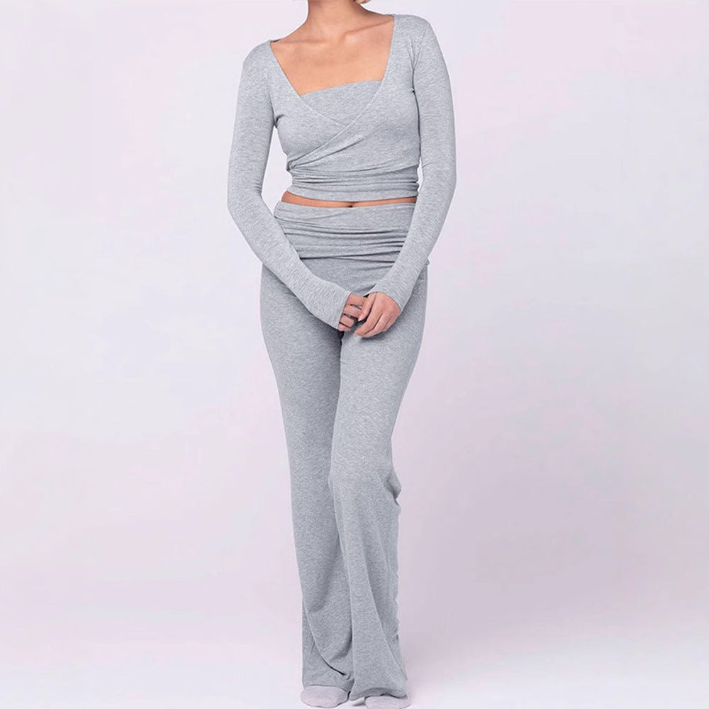 Women's Two-Piece Set with Wrap Top and Flare Pants