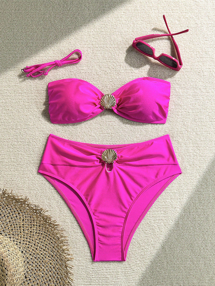 Women's Bandeau Bikini with Elegant Shell Detail and High-Leg Cut
